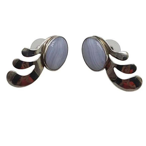 Vintage Sterling Silver Blue Lace Agate Feather Earrings RHG Modernist Design - Picture 1 of 6